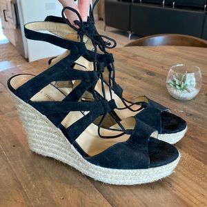 Ivanka Trump Black Lace Up Peep Toe Espadrille Wedges Size 12